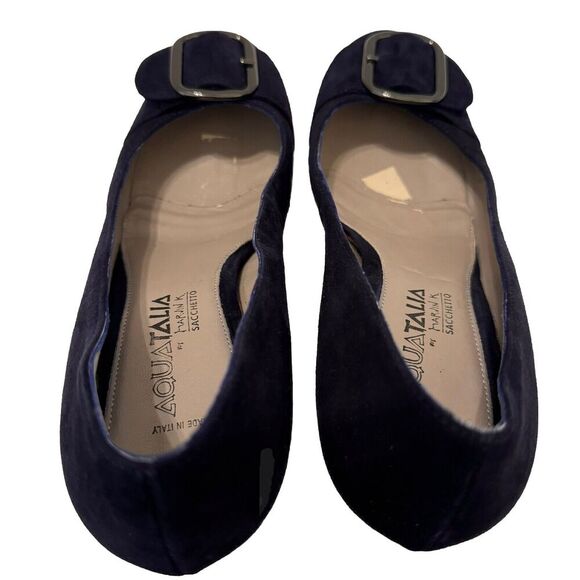 Aquatalia Sacchetto Blue Suede Pumps Size 7M Silver Buckle/Toe 3" Heel EUC - Picture 9 of 9